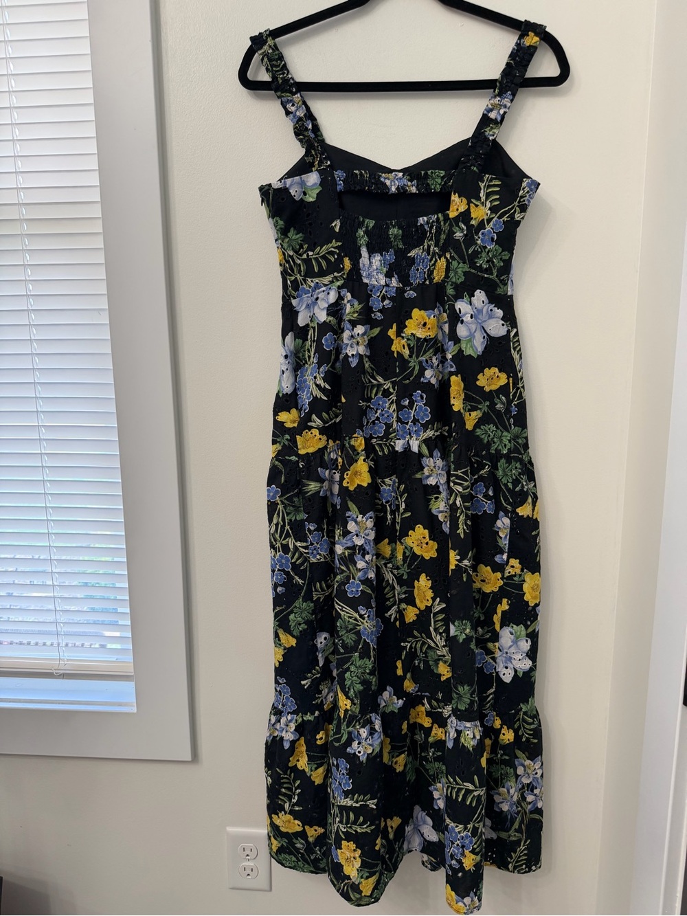 Zara Black Floral Eyelet Midi Dress with Yellow & Blue Blooms Zipper Closure S - Picture 2 of 13